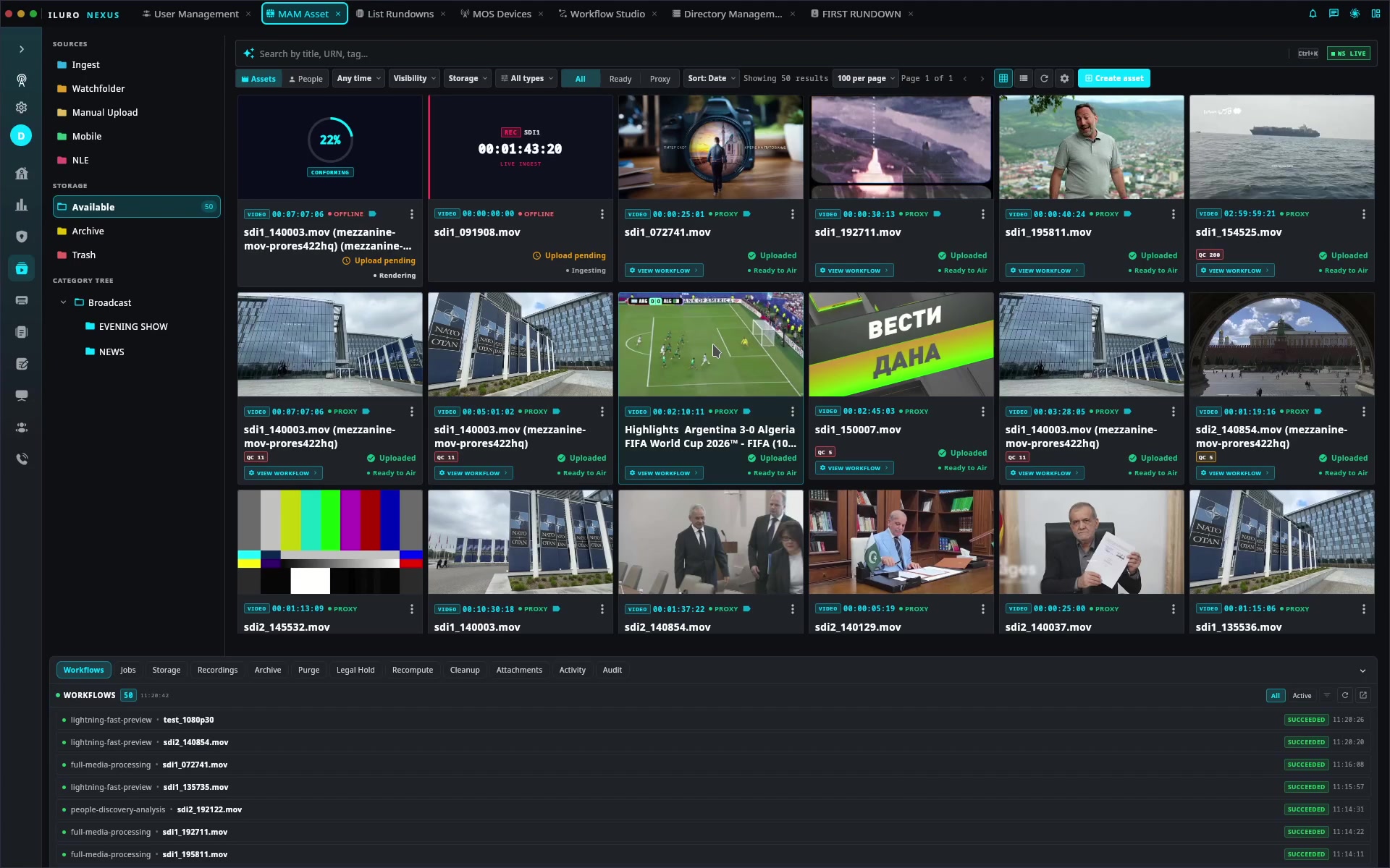 ILURO MAM interface demonstrating asset readiness, proxy playback, transcript review and media usage context.