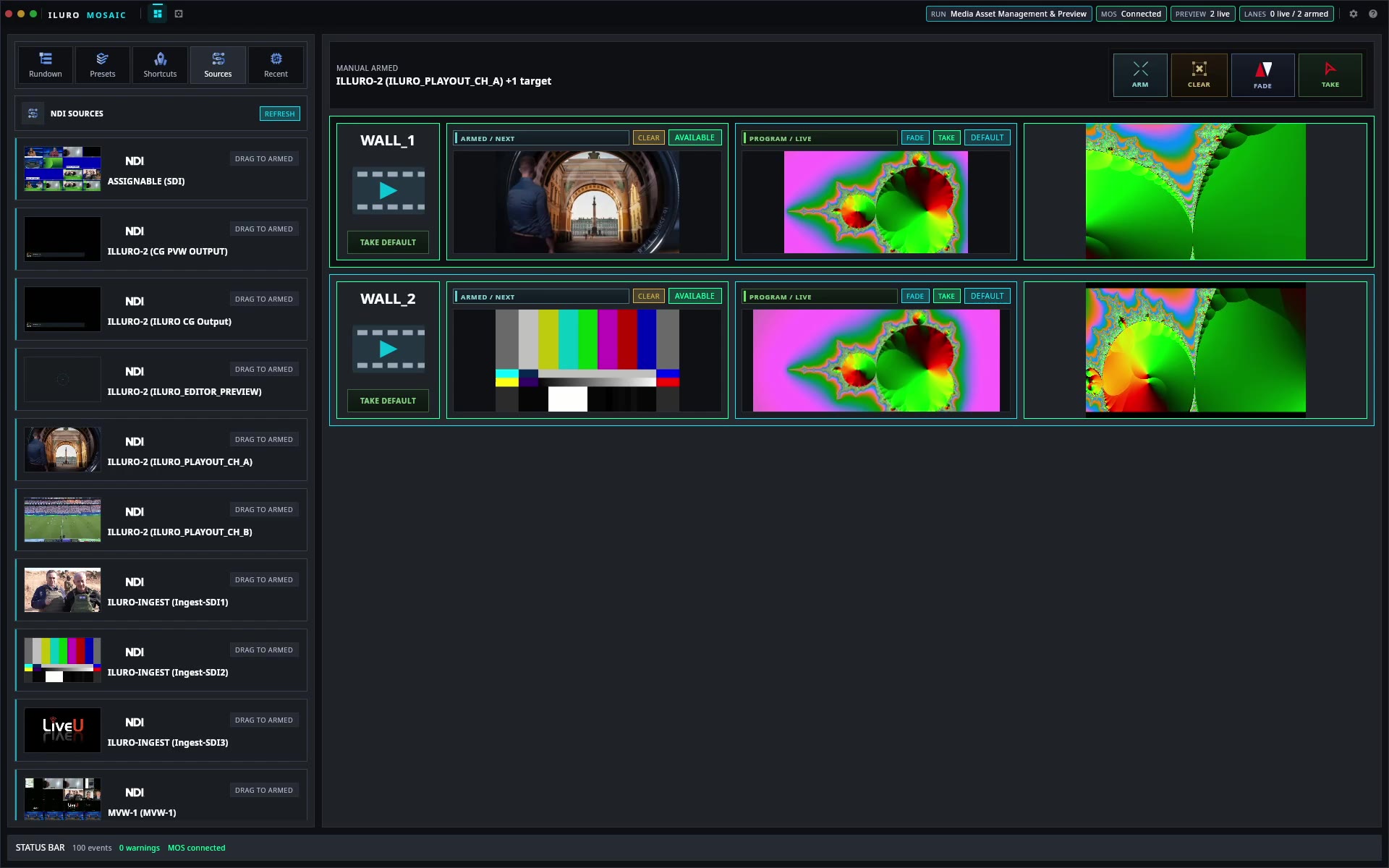 ILURO Mosaic interface demonstrating video wall operation, NDI source routing, armed wall state and program output confidence.